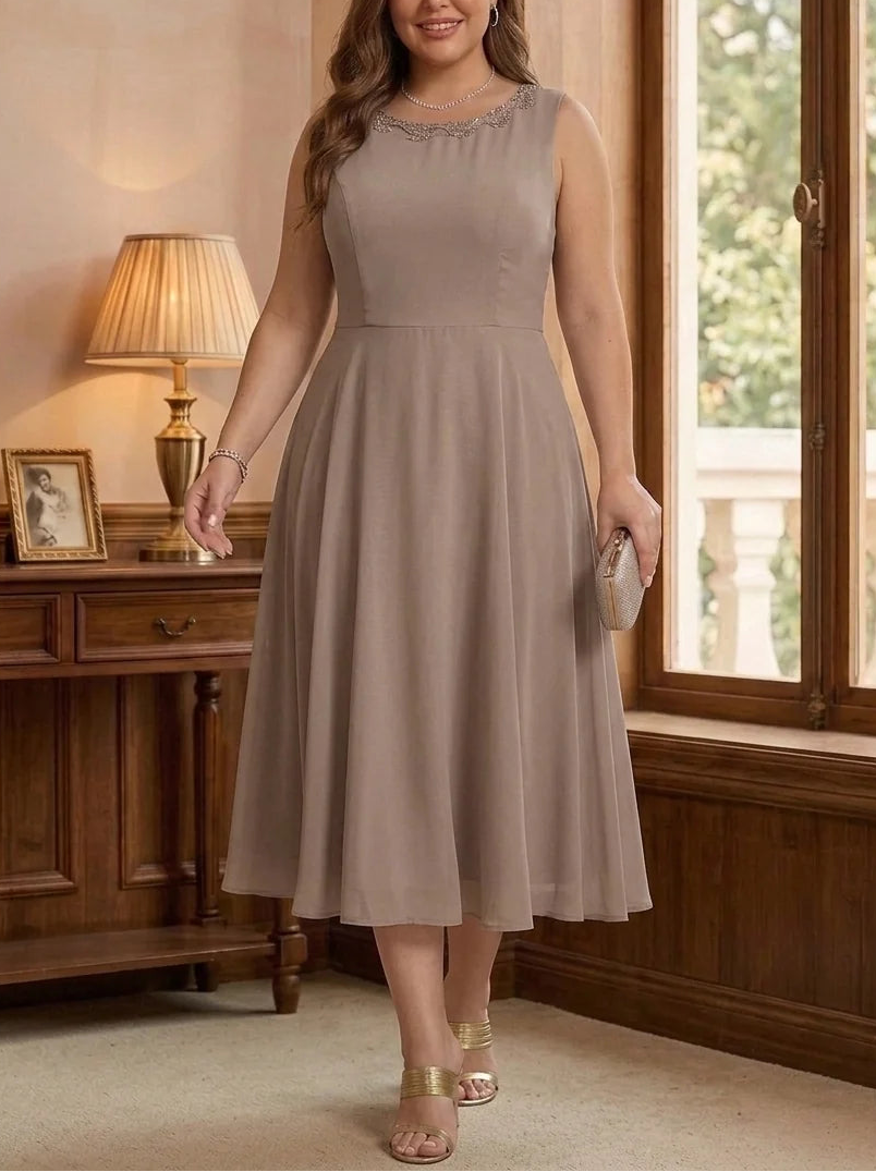 A-Line/Princess Scoop Chiffon Plus Size Mother of the Bride Dresses with Lace Jacket 3/4 Sleeves Tea-Length