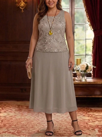 2 Pieces A-Line/Princess Scoop Chiffon Plus Size Mother of the Bride Dresses with Jacket 3/4 Sleeves Tea-Length Lace