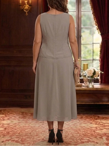 2 Pieces A-Line/Princess Scoop Chiffon Plus Size Mother of the Bride Dresses with Jacket 3/4 Sleeves Tea-Length Lace