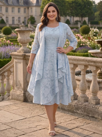 A-Line/Princess Scoop Chiffon Floral Plus Size Mother of the Bride Dresses with Jacket Tea-Length 3/4 Sleeves Ruffles