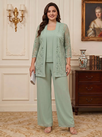 3 Pieces Suit Scoop Chiffon Plus Size Mother of the Bride Pantsuits with Jacket 3/4 Sleeves Lace Floor-Length