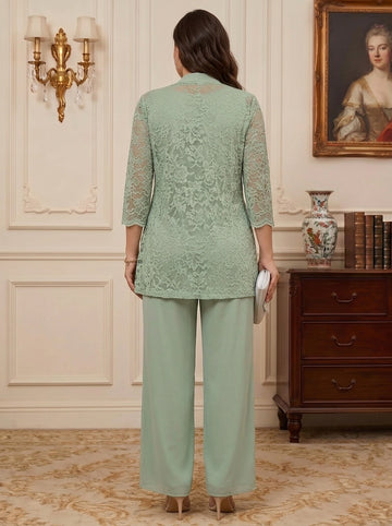 3 Pieces Suit Scoop Chiffon Plus Size Mother of the Bride Pantsuits with Jacket 3/4 Sleeves Lace Floor-Length