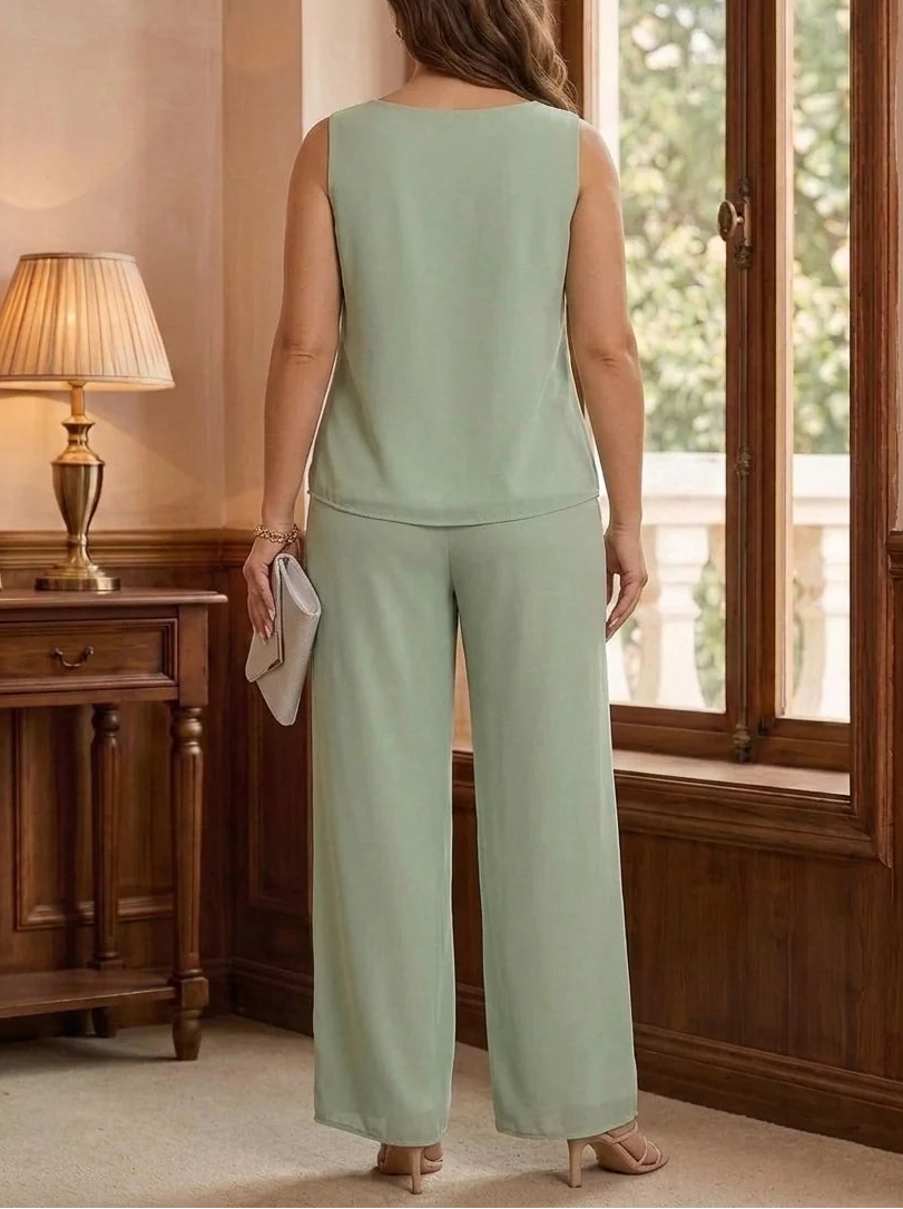 3 Pieces Suit Scoop Chiffon Plus Size Mother of the Bride Pantsuits with Jacket 3/4 Sleeves Lace Floor-Length