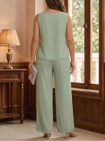 3 Pieces Suit Scoop Chiffon Plus Size Mother of the Bride Pantsuits with Jacket 3/4 Sleeves Lace Floor-Length