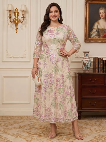 A-Line/Princess Scoop Sequins Floral Plus Size Mother of the Bride Dresses Tea-Length 3/4 Sleeves