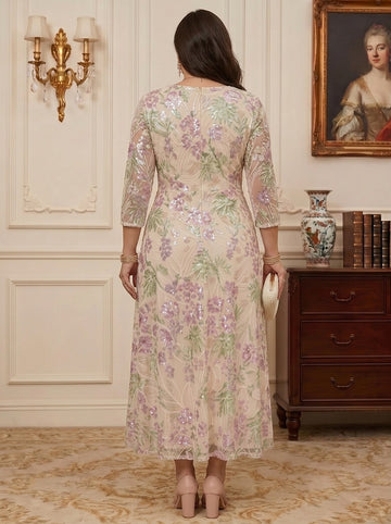 A-Line/Princess Scoop Sequins Floral Plus Size Mother of the Bride Dresses Tea-Length 3/4 Sleeves
