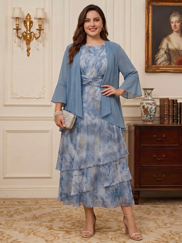 2 Pieces A-Line/Princess Chiffon Plus Size Mother of the Bride Dresses with Jacket Scoop Floral 3/4 Sleeves Tea-Length