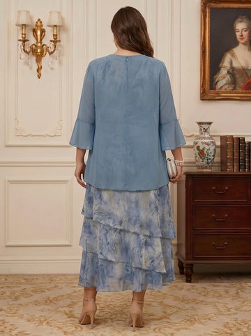 2 Pieces A-Line/Princess Chiffon Plus Size Mother of the Bride Dresses with Jacket Scoop Floral 3/4 Sleeves Tea-Length