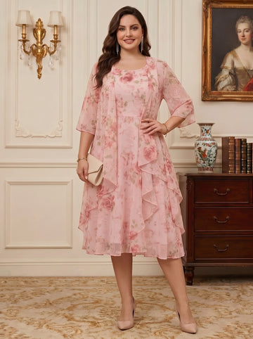 2 Pieces A-Line/Princess Scoop Chiffon Plus Size Mother of the Bride Dresses with Wrap Floral Half Sleeves Tea-Length