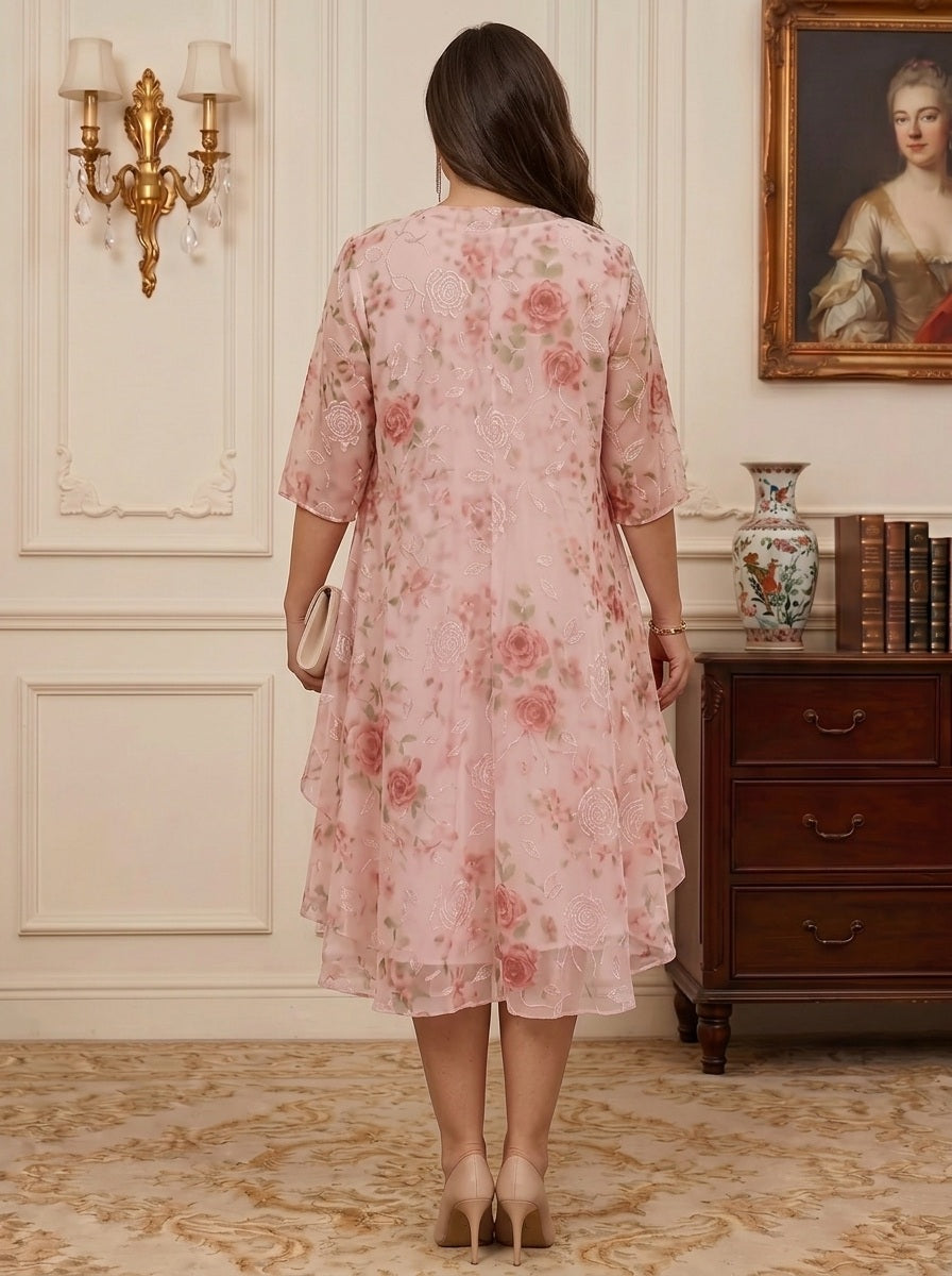 2 Pieces A-Line/Princess Scoop Chiffon Plus Size Mother of the Bride Dresses with Wrap Floral Half Sleeves Tea-Length