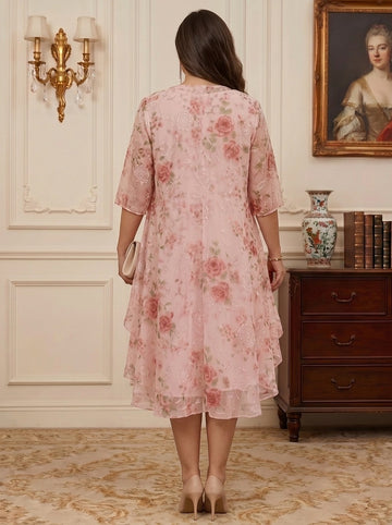2 Pieces A-Line/Princess Scoop Chiffon Plus Size Mother of the Bride Dresses with Wrap Floral Half Sleeves Tea-Length