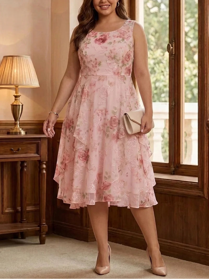 2 Pieces A-Line/Princess Scoop Chiffon Plus Size Mother of the Bride Dresses with Wrap Floral Half Sleeves Tea-Length