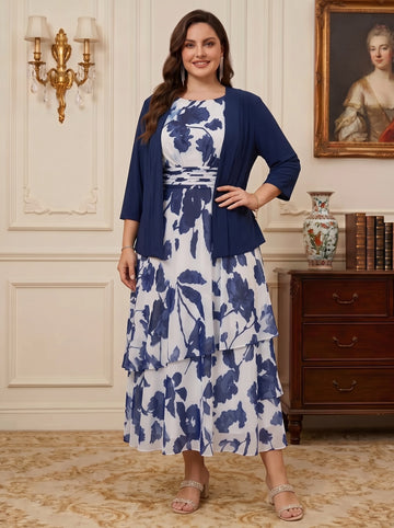 2 Pieces A-Line/Princess Scoop Plus Size Chiffon Mother of the Bride Dresses with Jacket Floral 3/4 Sleeves Tea-Length Ruched Ruffles