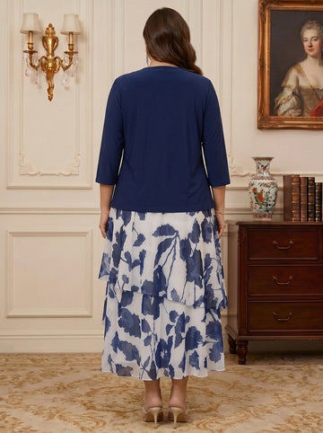 2 Pieces A-Line/Princess Scoop Plus Size Chiffon Mother of the Bride Dresses with Jacket Floral 3/4 Sleeves Tea-Length Ruched Ruffles