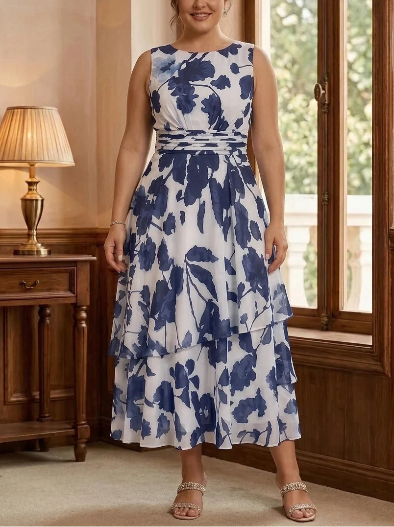 2 Pieces A-Line/Princess Scoop Plus Size Chiffon Mother of the Bride Dresses with Jacket Floral 3/4 Sleeves Tea-Length Ruched Ruffles