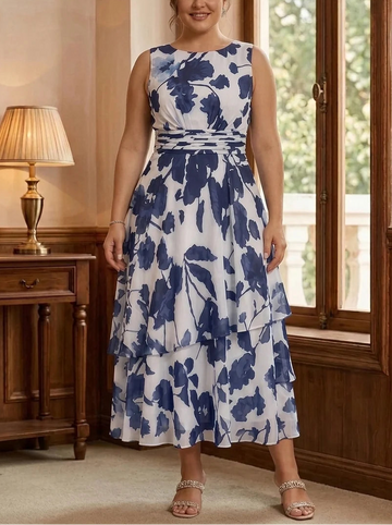 2 Pieces A-Line/Princess Scoop Plus Size Chiffon Mother of the Bride Dresses with Jacket Floral 3/4 Sleeves Tea-Length Ruched Ruffles