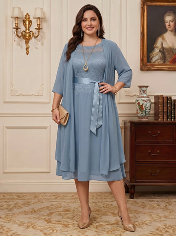 A-Line/Princess Scoop Chiffon Plus Size Mother of the Bride Dresses with Jacket Tea-Length 3/4 Sleeves Lace Floral