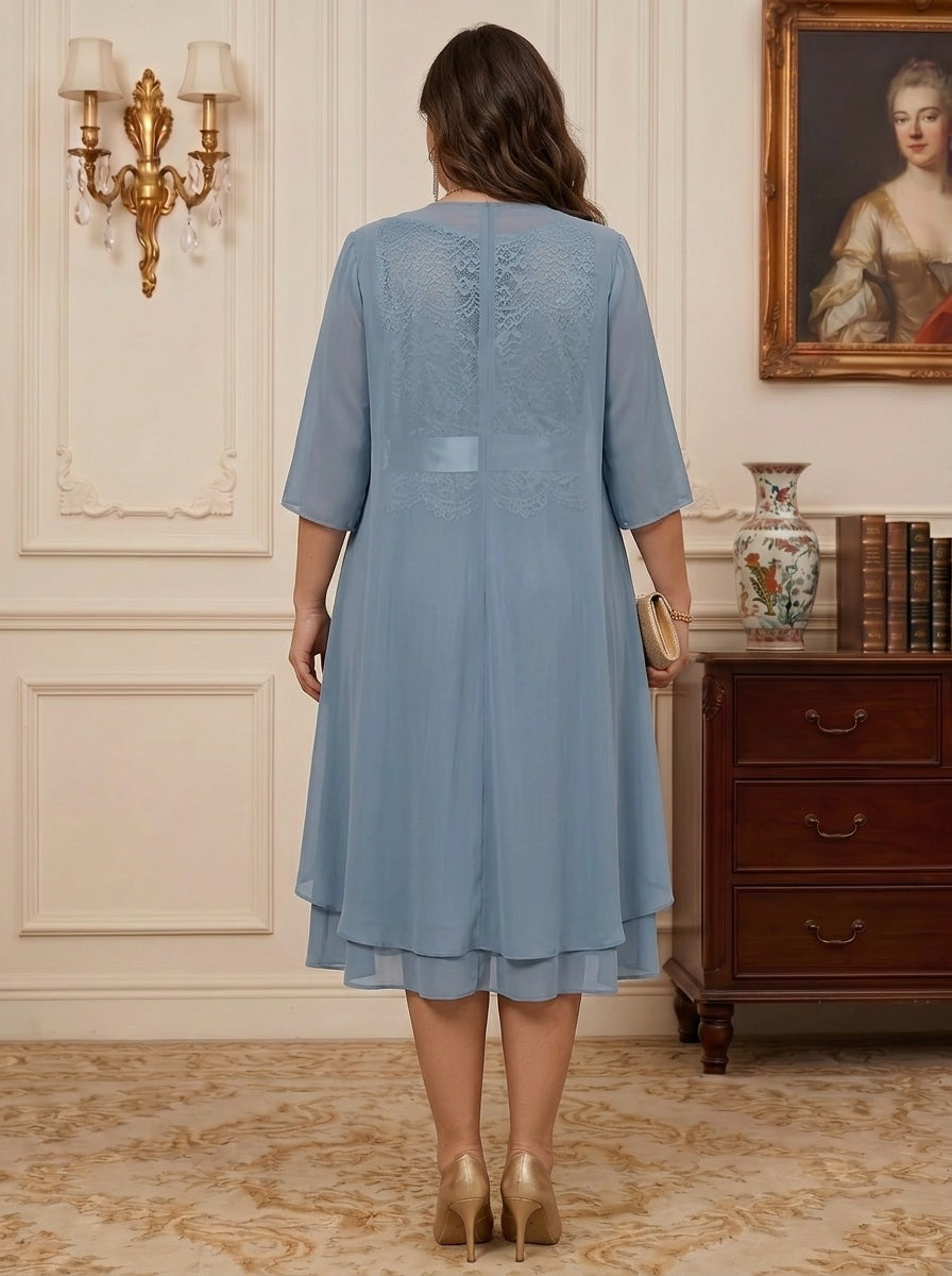 A-Line/Princess Scoop Chiffon Plus Size Mother of the Bride Dresses with Jacket Tea-Length 3/4 Sleeves Lace Floral