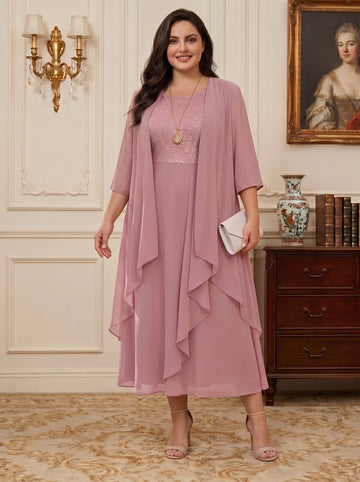A-Line/Princess Scoop Plus Size Mother of the Bride Dresses with Jacket Chiffon Tea-Length Ruffles Half Sleeves Lace Floral