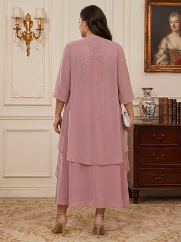 A-Line/Princess Scoop Plus Size Mother of the Bride Dresses with Jacket Chiffon Tea-Length Ruffles Half Sleeves Lace Floral