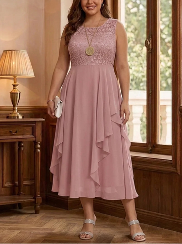 A-Line/Princess Scoop Plus Size Mother of the Bride Dresses with Jacket Chiffon Tea-Length Ruffles Half Sleeves Lace Floral