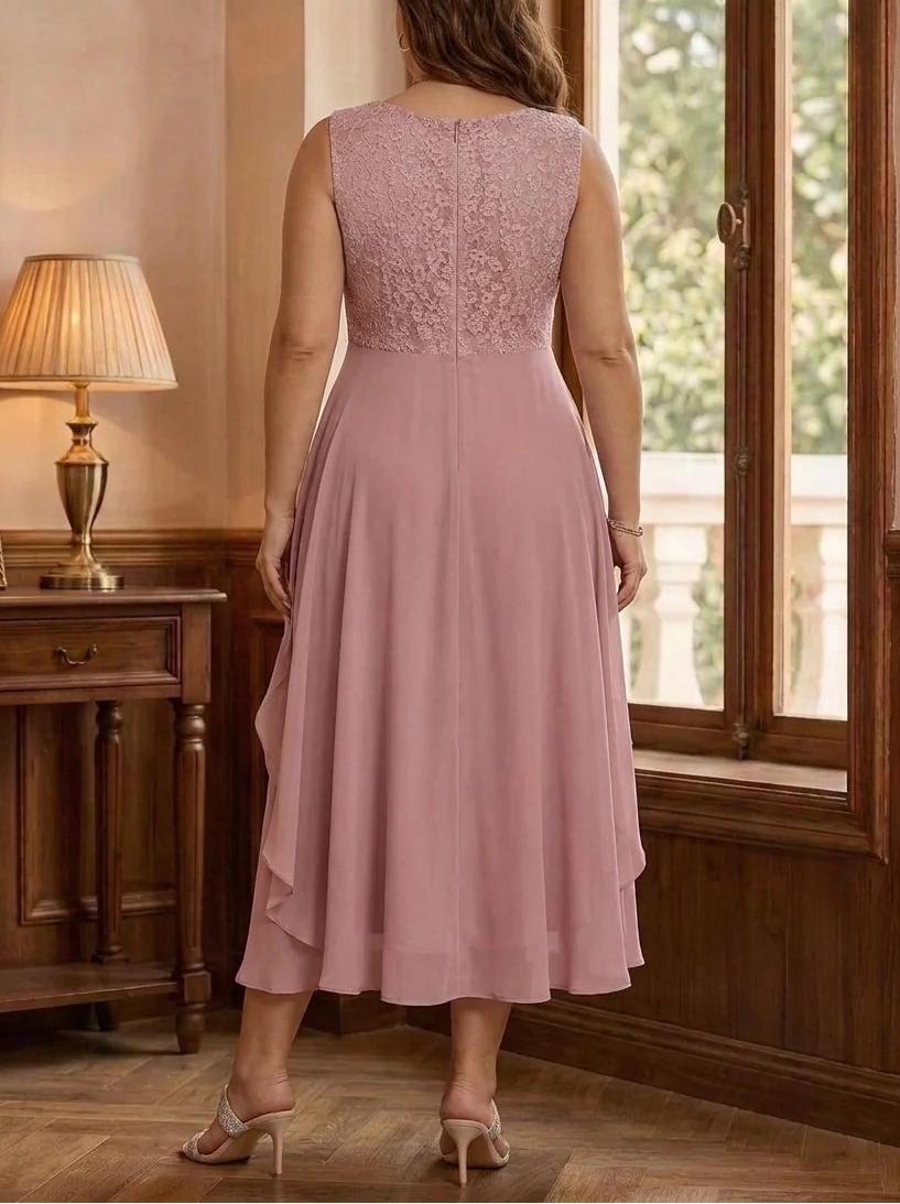 A-Line/Princess Scoop Plus Size Mother of the Bride Dresses with Jacket Chiffon Tea-Length Ruffles Half Sleeves Lace Floral
