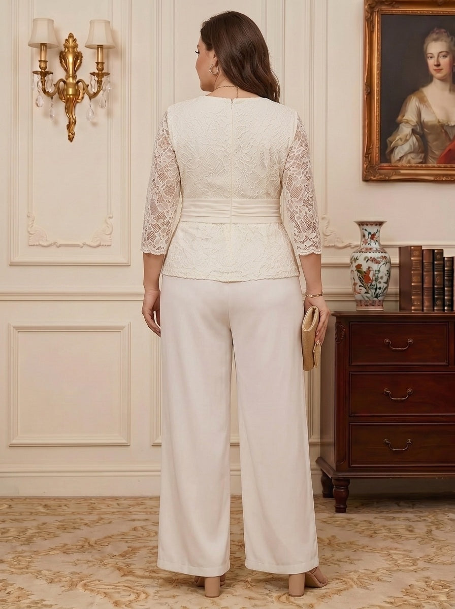 2 Pieces Suit V-Neck Chiffon Plus Size Mother of the Bride Pantsuits Ankle-Length 3/4 Sleeves Lace Embroidery