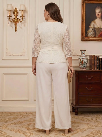 2 Pieces Suit V-Neck Chiffon Plus Size Mother of the Bride Pantsuits Ankle-Length 3/4 Sleeves Lace Embroidery