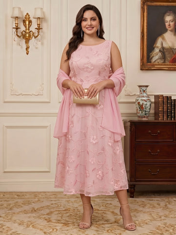 A-Line/Princess Scoop Chiffon Plus Size Mother of the Bride Dresses with Wrap Tea-Length Sleeveless Lace Sequins