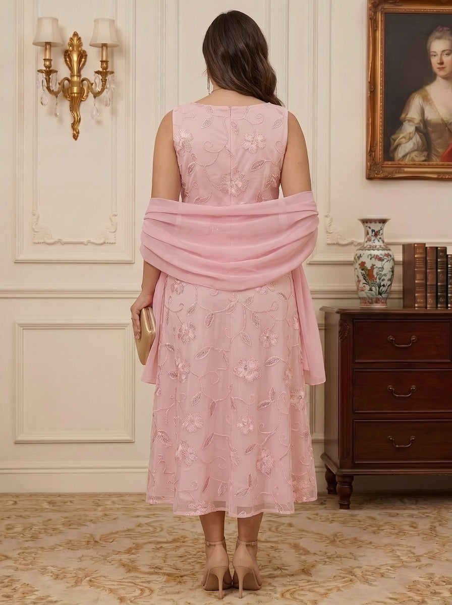 A-Line/Princess Scoop Chiffon Plus Size Mother of the Bride Dresses with Wrap Tea-Length Sleeveless Lace Sequins