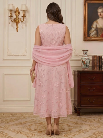A-Line/Princess Scoop Chiffon Plus Size Mother of the Bride Dresses with Wrap Tea-Length Sleeveless Lace Sequins