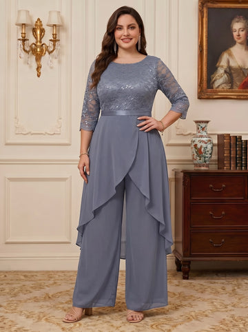 Chiffon Scoop Plus Size Mother of the Bride Jumpsuits with Overskirt Ankle-Length Ruffles 3/4 Sleeves Lace Floral
