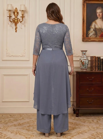Chiffon Scoop Plus Size Mother of the Bride Jumpsuits with Overskirt Ankle-Length Ruffles 3/4 Sleeves Lace Floral