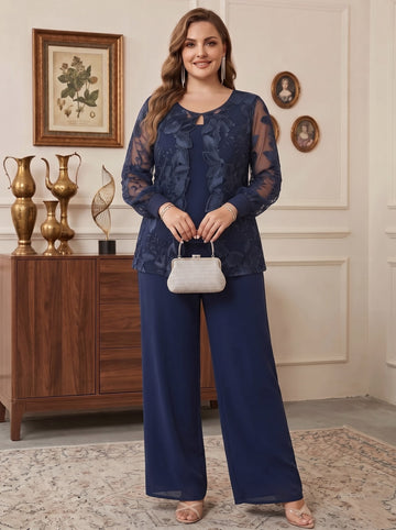 3 Pieces Chiffon Scoop Plus Size Mother of the Bride Pantsuits with Lace Floral Jacket Ankle-Length 3/4 Sleeves