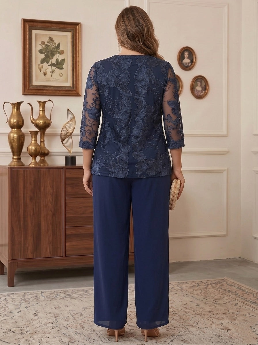 3 Pieces Chiffon Scoop Plus Size Mother of the Bride Pantsuits with Lace Floral Jacket Ankle-Length 3/4 Sleeves