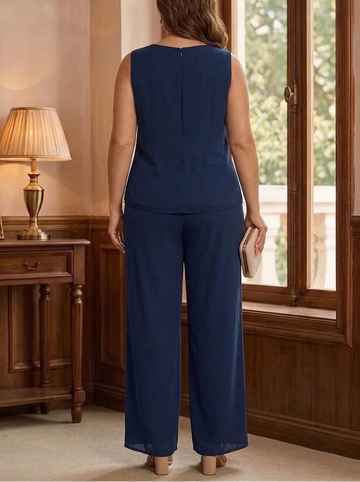 3 Pieces Chiffon Scoop Plus Size Mother of the Bride Pantsuits with Lace Floral Jacket Ankle-Length 3/4 Sleeves
