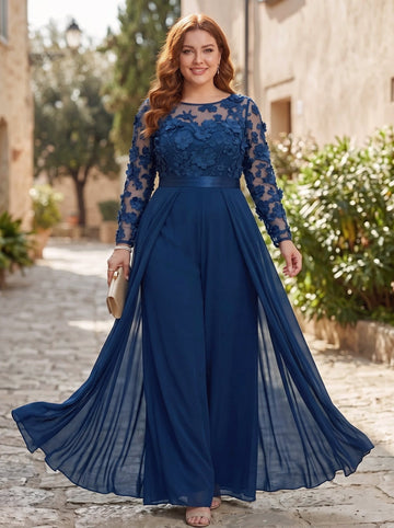 Jumpsuit Scoop Chiffon Plus Size Mother of the Bride Jumpsuit with Overskirt Long Sleeves Lace Floral Ankle-Length