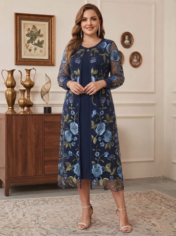2 Pieces A-Line/Princess Plus Size V-Neck Chiffon Mother of the Bride Dresses with Jacket Floral 3/4 Sleeves Tea-Length