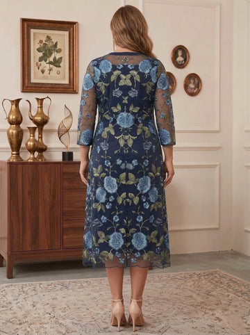 2 Pieces A-Line/Princess Plus Size V-Neck Chiffon Mother of the Bride Dresses with Jacket Floral 3/4 Sleeves Tea-Length