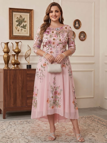 A-Line/Princess Scoop Chiffon Plus Size Mother of the Bride Dresses Floral Asymmetrical Tea-Length 3/4 Sleeves
