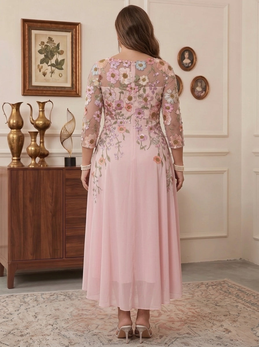 A-Line/Princess Scoop Chiffon Plus Size Mother of the Bride Dresses Floral Asymmetrical Tea-Length 3/4 Sleeves