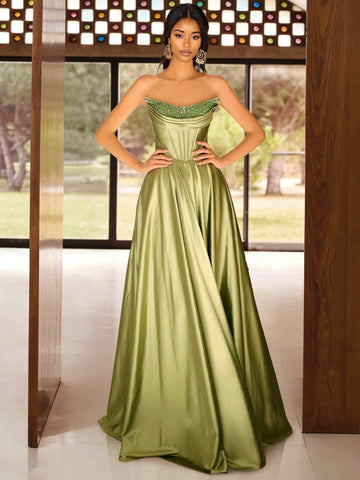A Line/Princesses Prom Dresses Basque Waist Satin Strapless Floor-Length Formal Corset Dress With Sequins