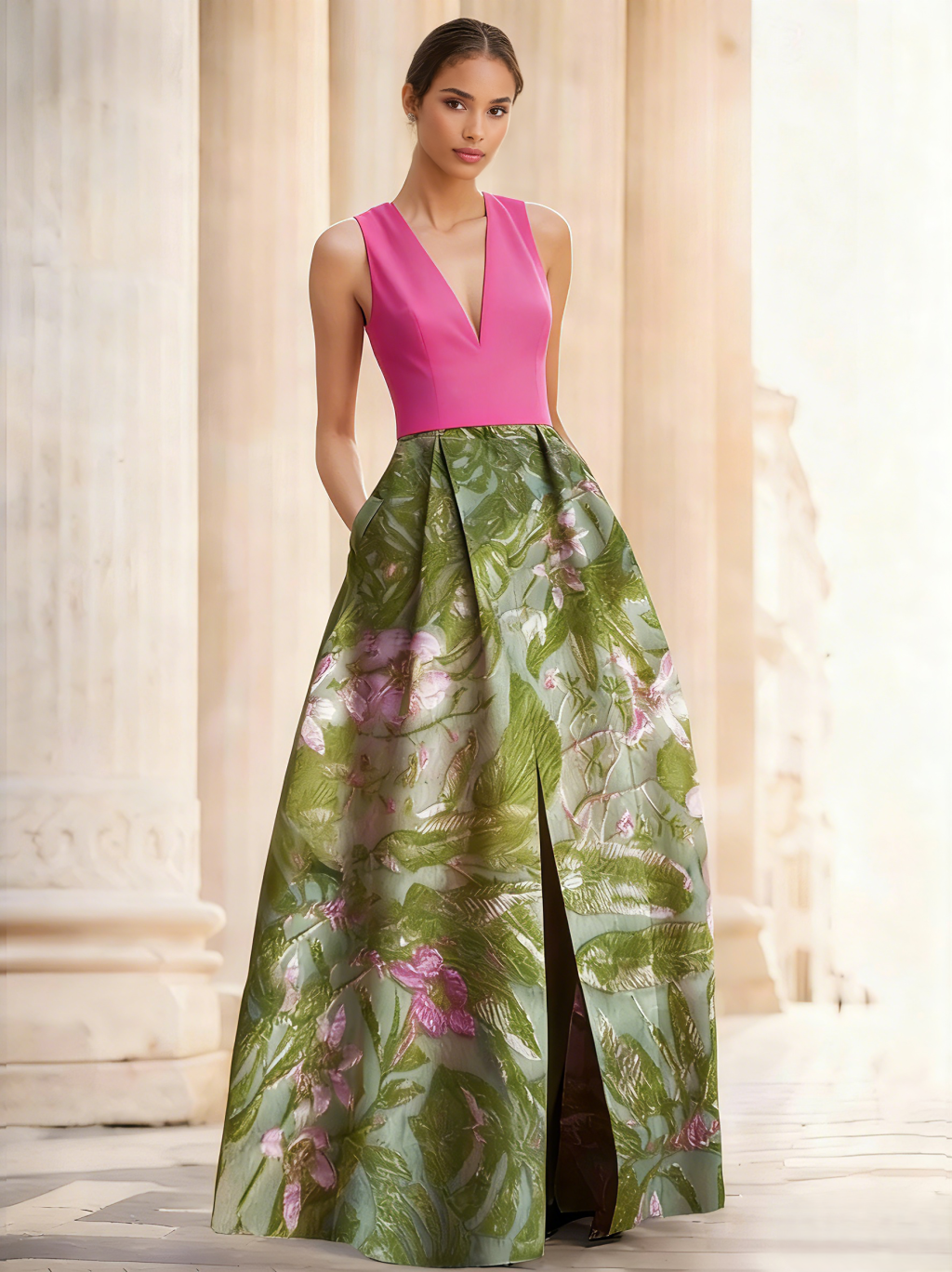 A-Line Evening Gown Elegant Jacquard Floral Dress Prom Floor Length Sleeveless V Neck with Slit Pocket Wedding Guest Dress