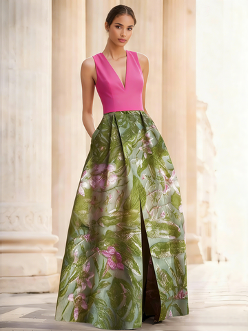 A-Line Evening Gown Elegant Jacquard Floral Dress Prom Floor Length Sleeveless V Neck with Slit Pocket Wedding Guest Dress