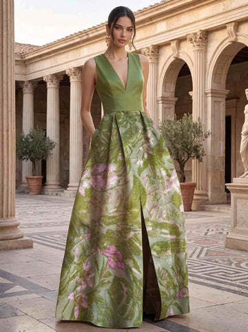 A-Line Evening Gown Elegant Jacquard Floral Dress Prom Floor Length Sleeveless V Neck with Slit Pocket Wedding Guest Dress
