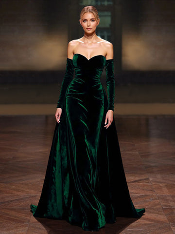A-Line/Princess Velvet  Evening Gown  Sweep Train Sweetheart & Long Sleeves With Back Zipper