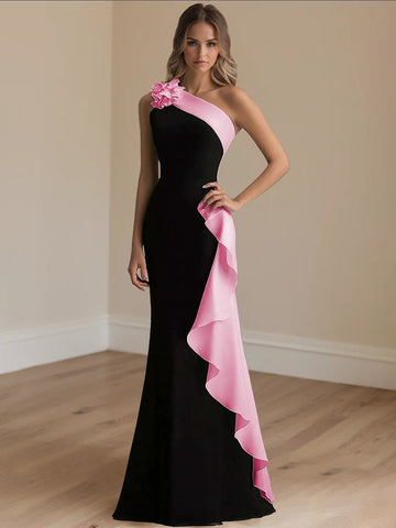 Trumpet/Mermaid Satin Evening/Formal Dress Floor-Length One-Shoulder Sleeveless With 3D Flowers&Ruffles