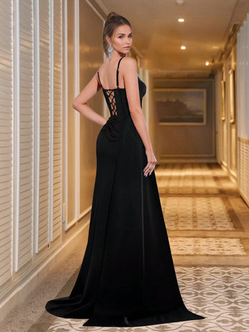 Sheath/Column Satin Evening/Formal Dress Floor-Length Spaghetti Straps With Sequins Sleeveless Side Split With Back Delicate Tie