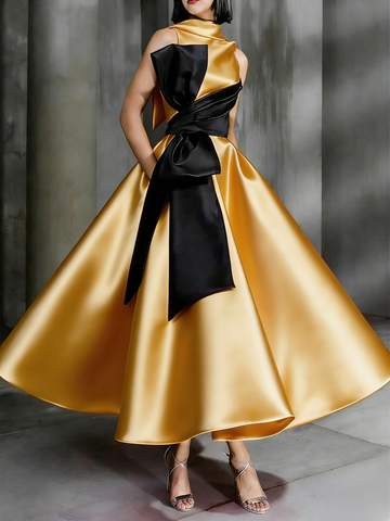 Ball Gown High Neck Cocktail Dresses Ankle-Length Color Block Elegant Formal Gown with Bowknot