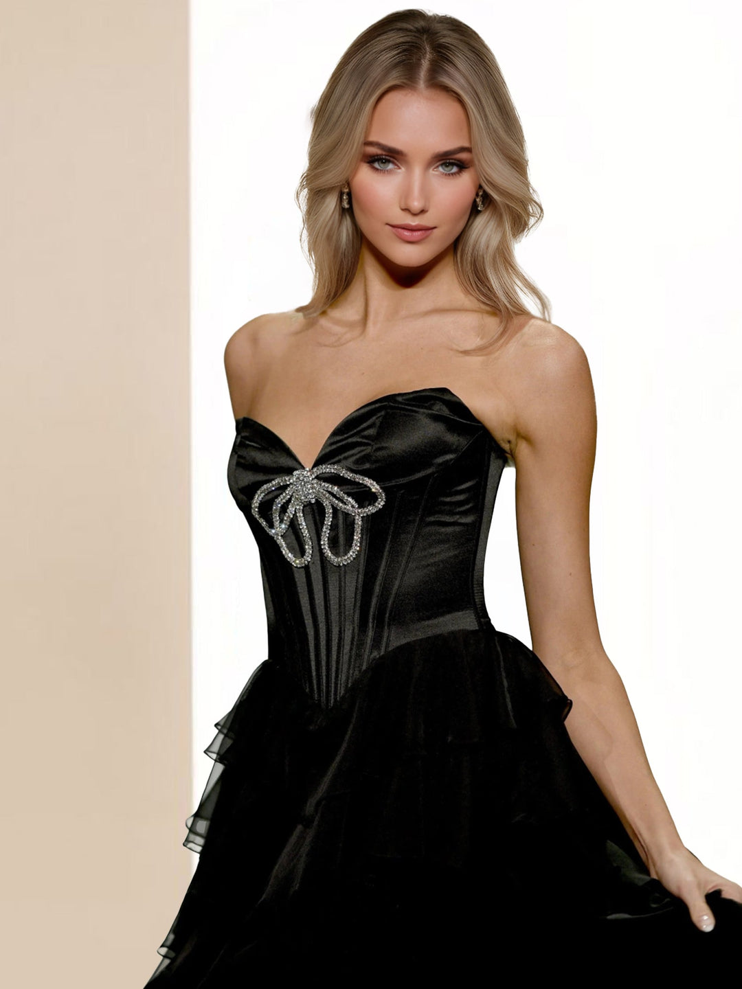 A-Line/Princess Black Prom Dress Basque Waist Tulle Sweetheart Sleeveless Floor-Length Prom Dresses With Decorated rhinestone bow